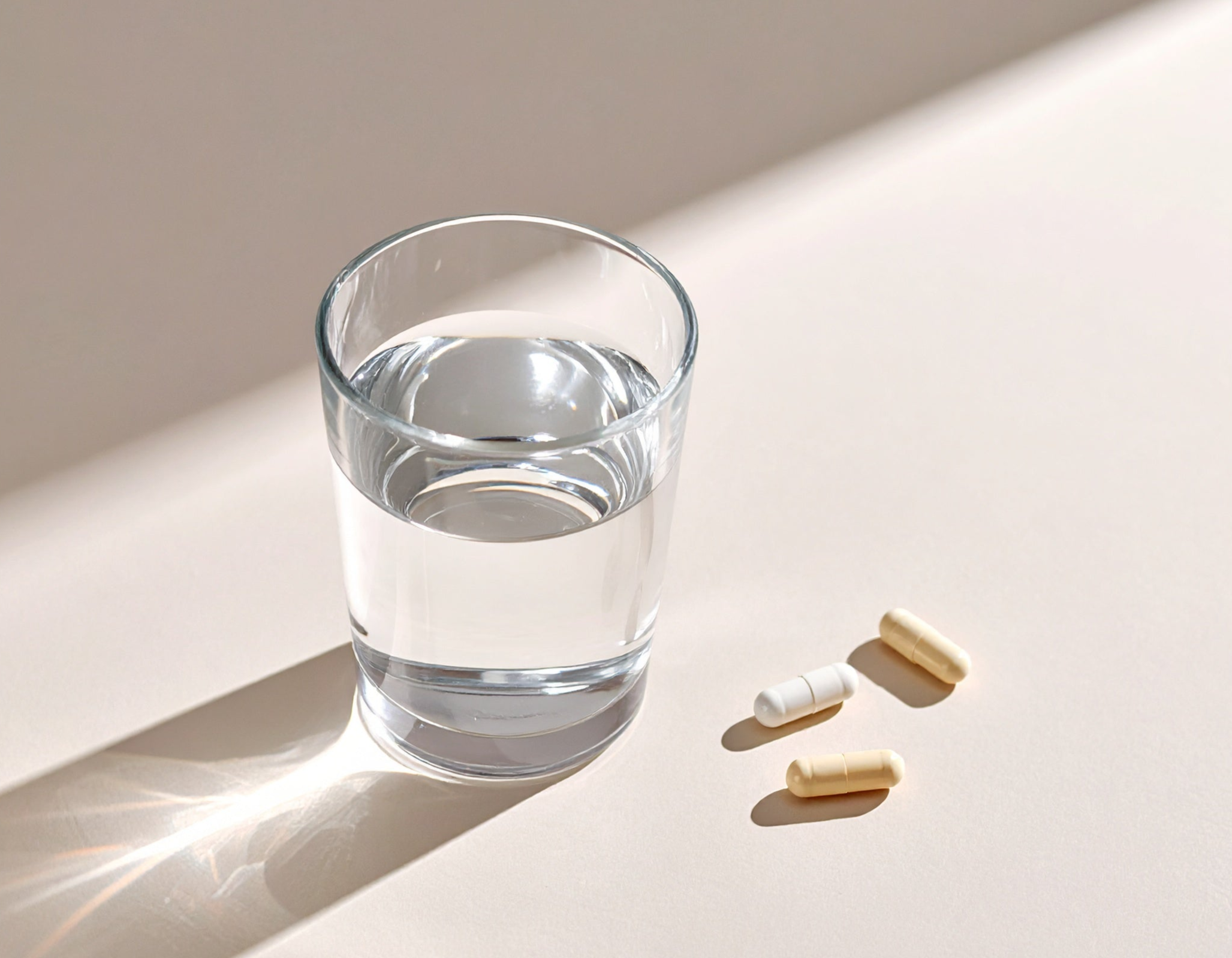 Firefly Nahrungsergänzungsmittel – Kapseln auf einem Tisch neben einem Wasserglas, speziell für Frauen entwickelt