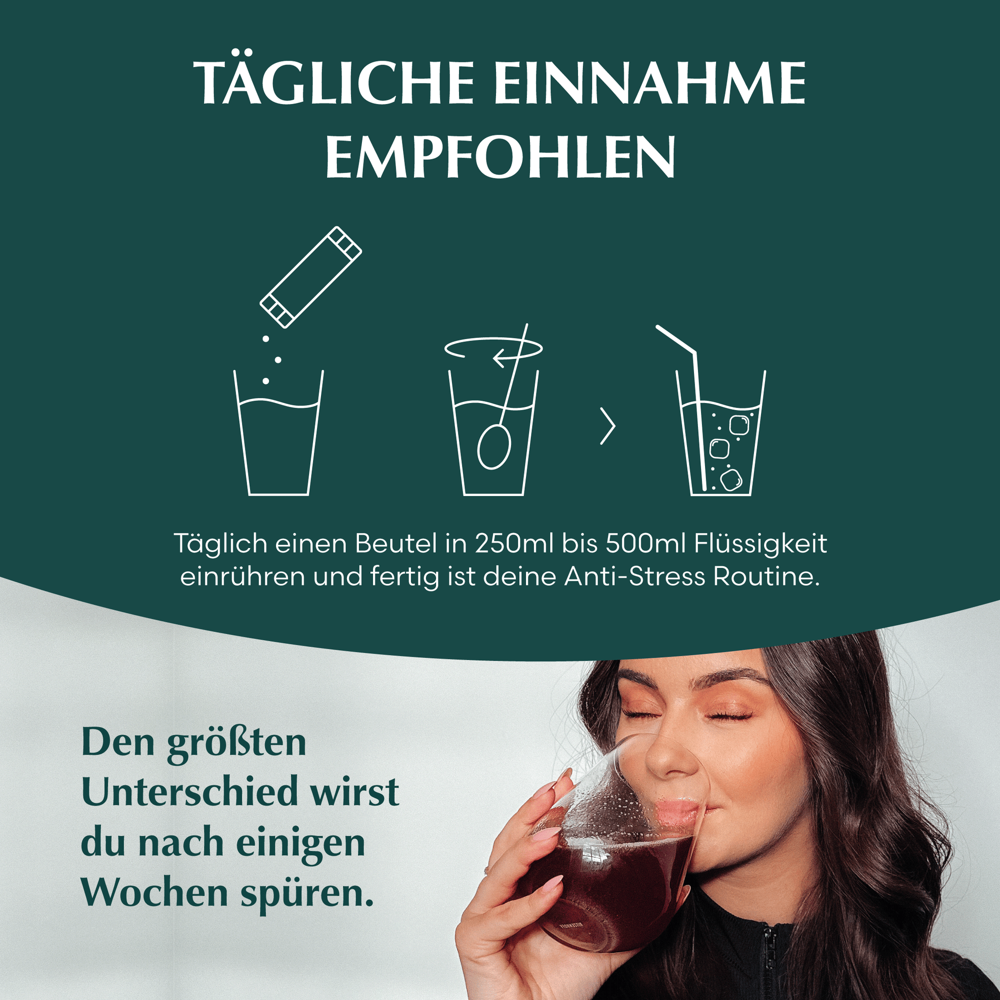 Eine visuelle Anleitung zur Einnahme der Anti-Stress-Kur und zum Einrühren in ein Glas. Eine junge Frau ist zu sehen, wie sie das Getränk aus eine Glas trinkt.